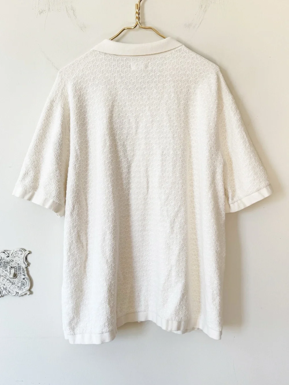 The Commons Off White Cream Cotton Knit Jacquard Button Up Polo Shirt XXL - Picture 5 of 7